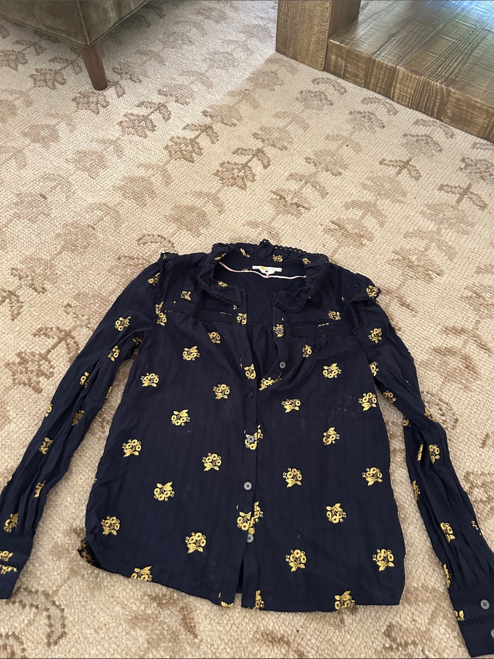 Boden Navy Blouse with Gold Floral Foil and Pink Piping